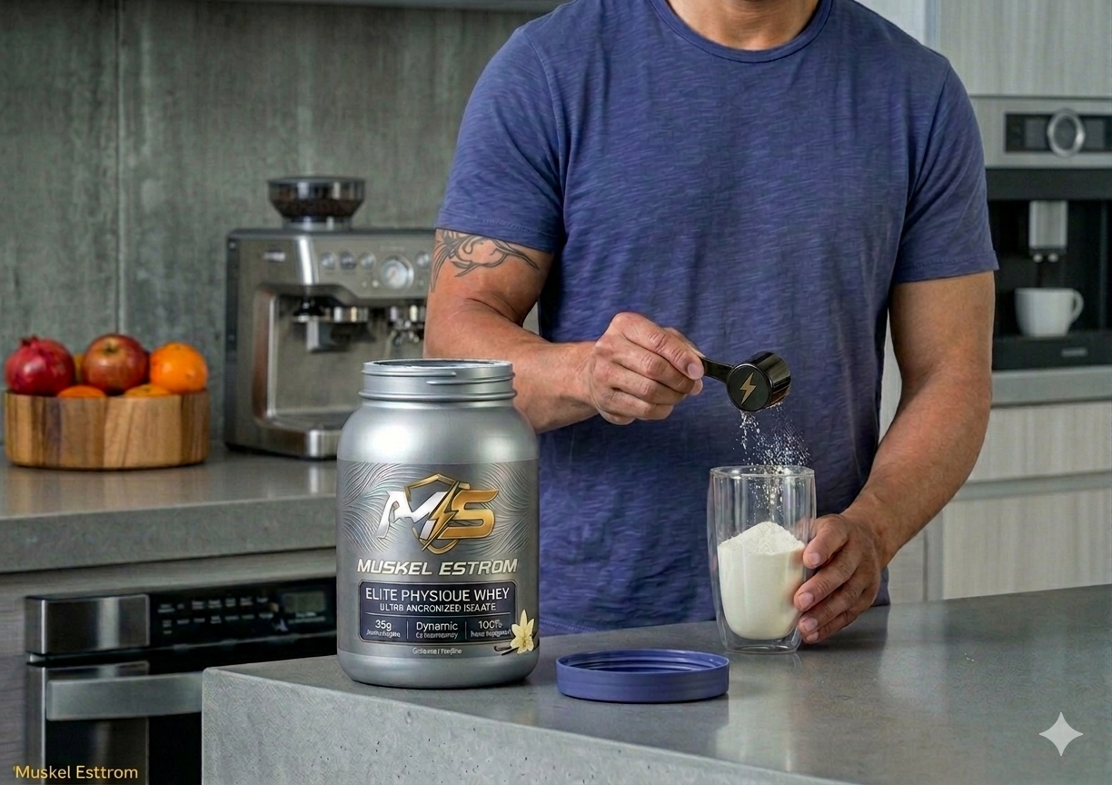 Scooping Muskel Estrom whey into a shaker